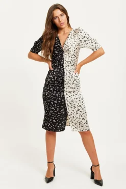 Midi Dresses^Liquorish Mono Heart Print Knot Front Midi Dress Multicolour