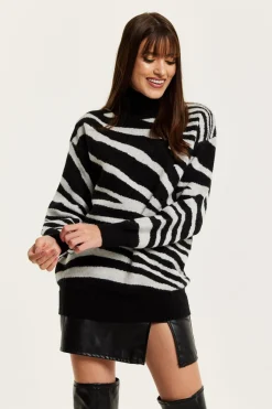 Jumpers^Liquorish Mono Zebra High Neck Jumper Multicolor