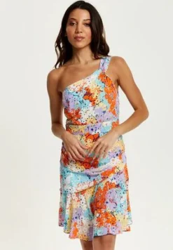 Mini Dresses^Liquorish Multicolour Floral Print One Shoulder Mini Dress Multicolor