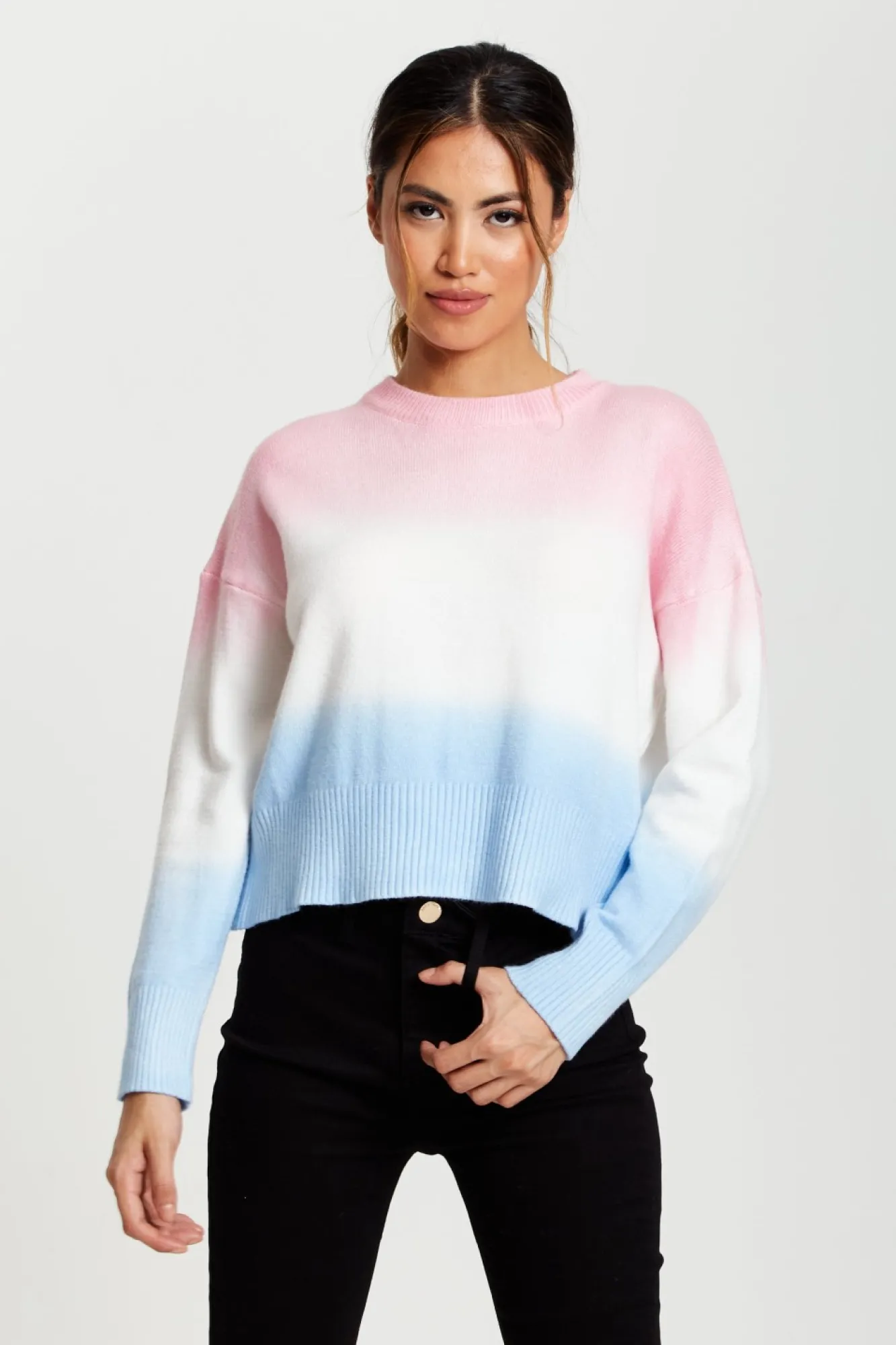 Jumpers^Liquorish Ombre Pattern Jumper In Pink, White And Blue Multicolour