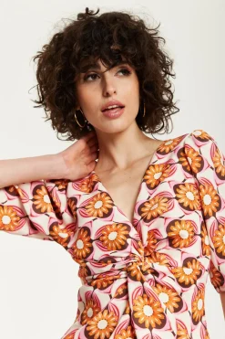 Midi Dresses^Liquorish Orange Floral Knot Front Midi Dress Multicolor