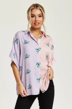 Short Sleeve Tops^Liquorish Pink And Lilac Floral Print Shirt Multicolour
