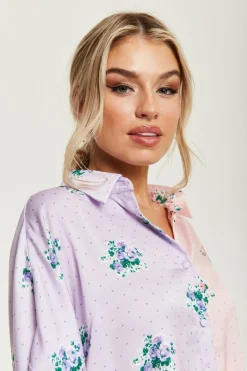 Short Sleeve Tops^Liquorish Pink And Lilac Floral Print Shirt Multicolour