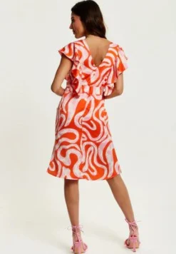 Midi Dresses^Liquorish Pink And Red Abstract Print Midi Dress With Frill Details Multicolor