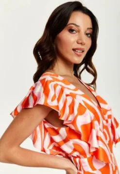 Midi Dresses^Liquorish Pink And Red Abstract Print Midi Dress With Frill Details Multicolor