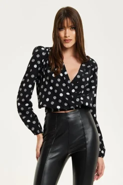 Blouses^Liquorish Polka Dot Print Wrap Top In Black