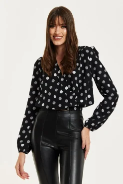 Blouses^Liquorish Polka Dot Print Wrap Top In Black