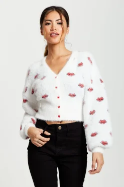 Cardigans^Liquorish Red Lip Pattern Fluffy Cardigan In White