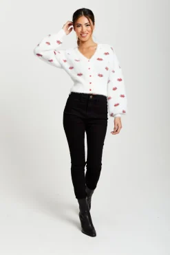 Cardigans^Liquorish Red Lip Pattern Fluffy Cardigan In White