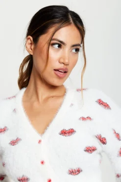 Cardigans^Liquorish Red Lip Pattern Fluffy Cardigan In White