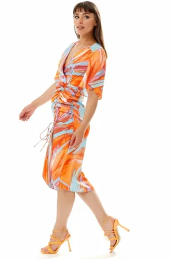 Midi Dresses^Liquorish Rouching Abstract Brush Stroke Print Midi Dress Orange
