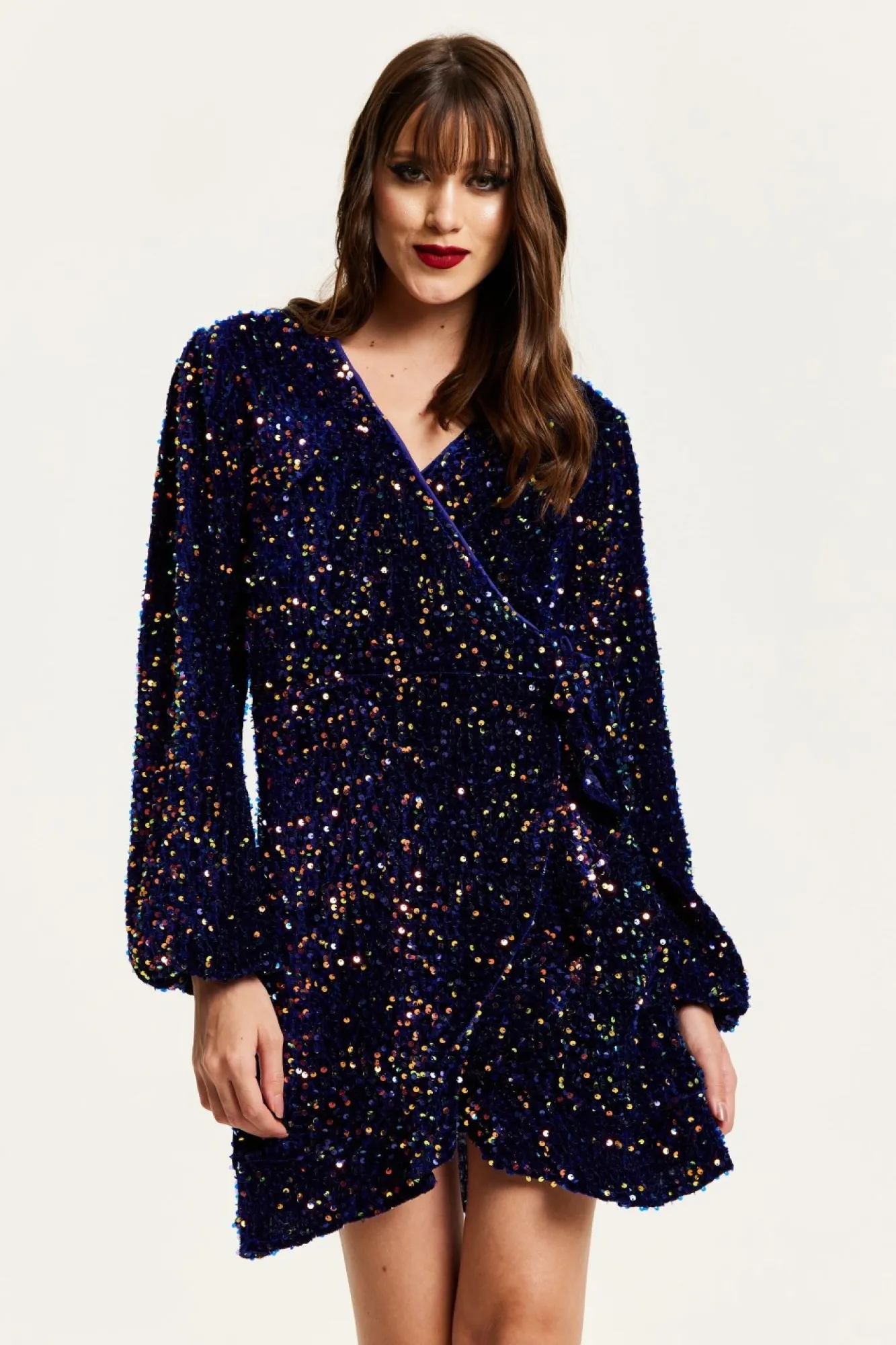 Mini Dresses^Liquorish Royal Blue Velvet Based Multicolour Sequin Mini Wrap Dress Multicolor