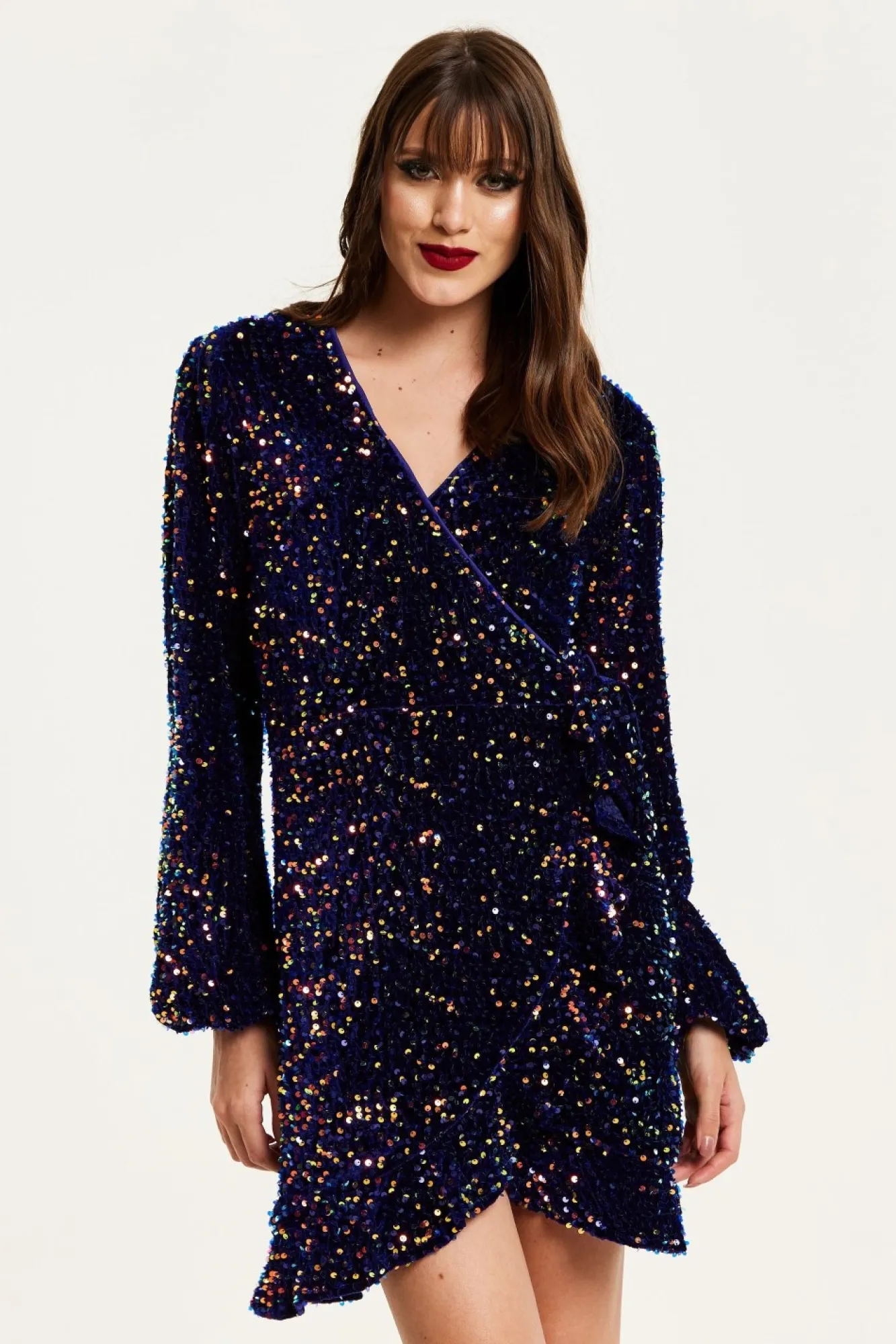 Mini Dresses^Liquorish Royal Blue Velvet Based Multicolour Sequin Mini Wrap Dress Multicolor