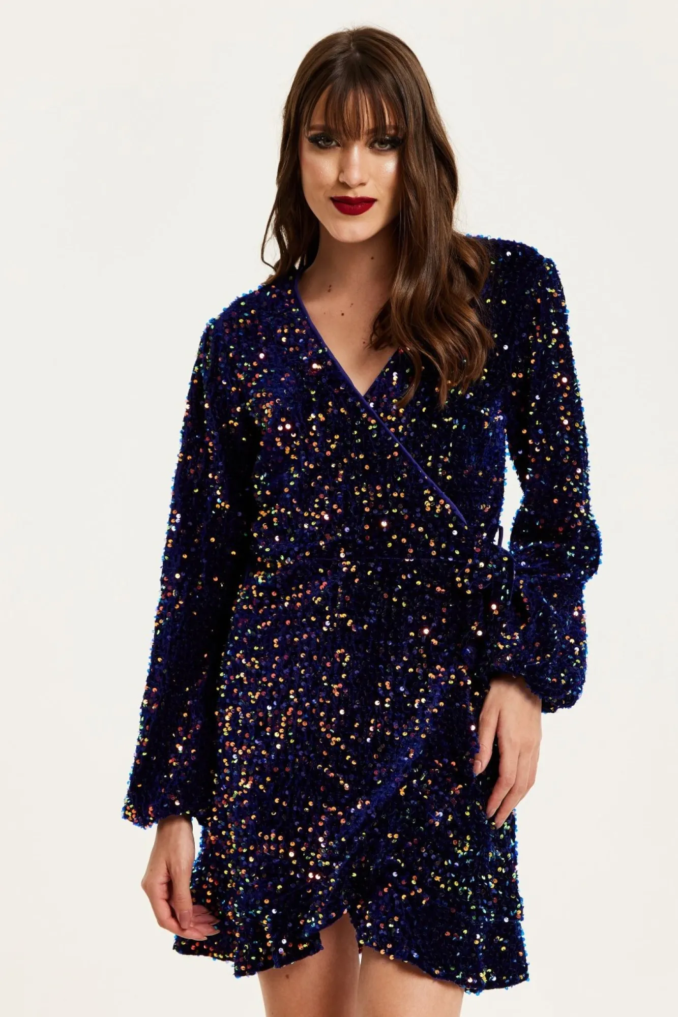 Mini Dresses^Liquorish Royal Blue Velvet Based Multicolour Sequin Mini Wrap Dress Multicolor