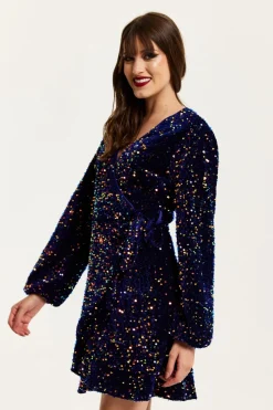 Mini Dresses^Liquorish Royal Blue Velvet Based Multicolour Sequin Mini Wrap Dress Multicolor