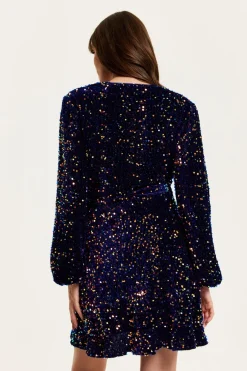 Mini Dresses^Liquorish Royal Blue Velvet Based Multicolour Sequin Mini Wrap Dress Multicolor