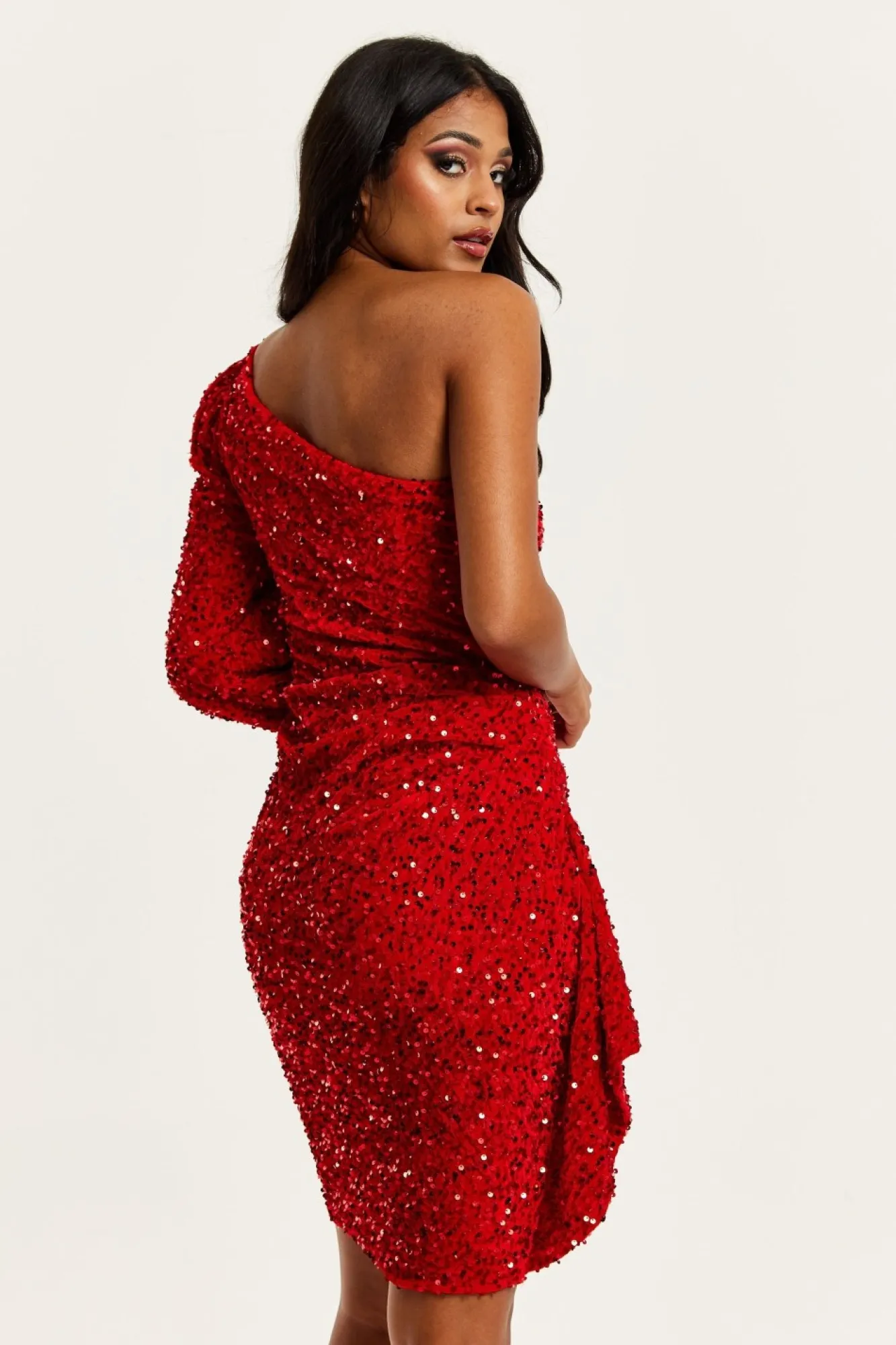 Mini Dresses^Liquorish Sequin Velvet One Shoulder Mini Dress Red