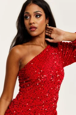 Mini Dresses^Liquorish Sequin Velvet One Shoulder Mini Dress Red