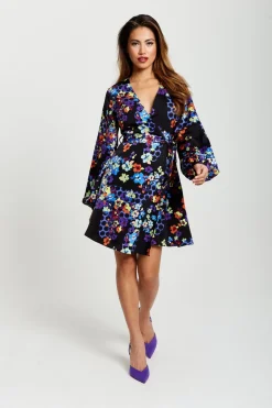 Mini Dresses^Liquorish Speckle Floral Print Mini Wrap Dress Multicolour