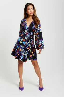 Mini Dresses^Liquorish Speckle Floral Print Mini Wrap Dress Multicolour