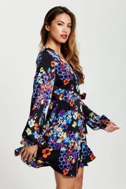 Mini Dresses^Liquorish Speckle Floral Print Mini Wrap Dress Multicolour