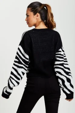 Jumpers^Liquorish Star Jumper In And White Zebra Pattern Black