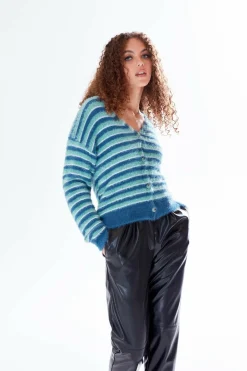 Jumpers^Liquorish Texture Stripe Cardigan Blue Turquoise White Tones Multicolor