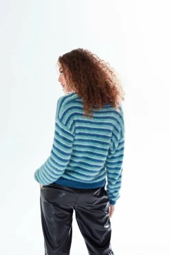 Jumpers^Liquorish Texture Stripe Cardigan Blue Turquoise White Tones Multicolor