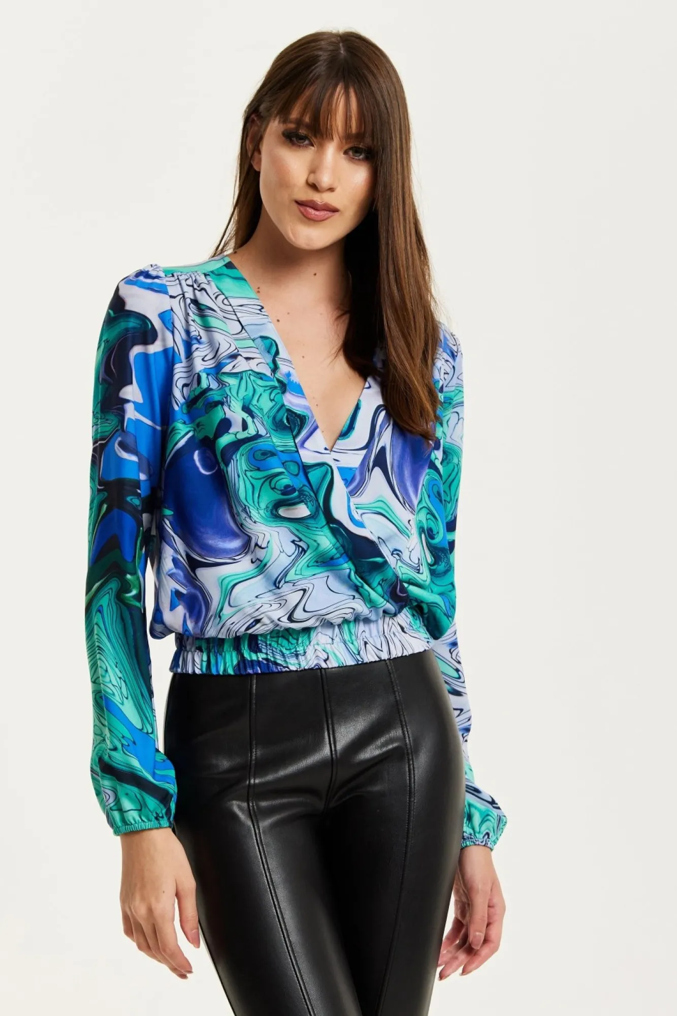 Blouses^Liquorish Turquoise Marble Print Wrap Top Blue