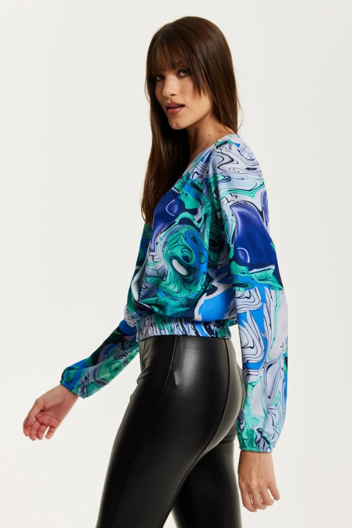 Blouses^Liquorish Turquoise Marble Print Wrap Top Blue