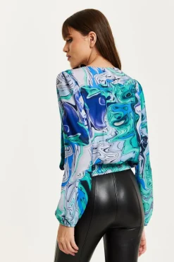 Blouses^Liquorish Turquoise Marble Print Wrap Top Blue