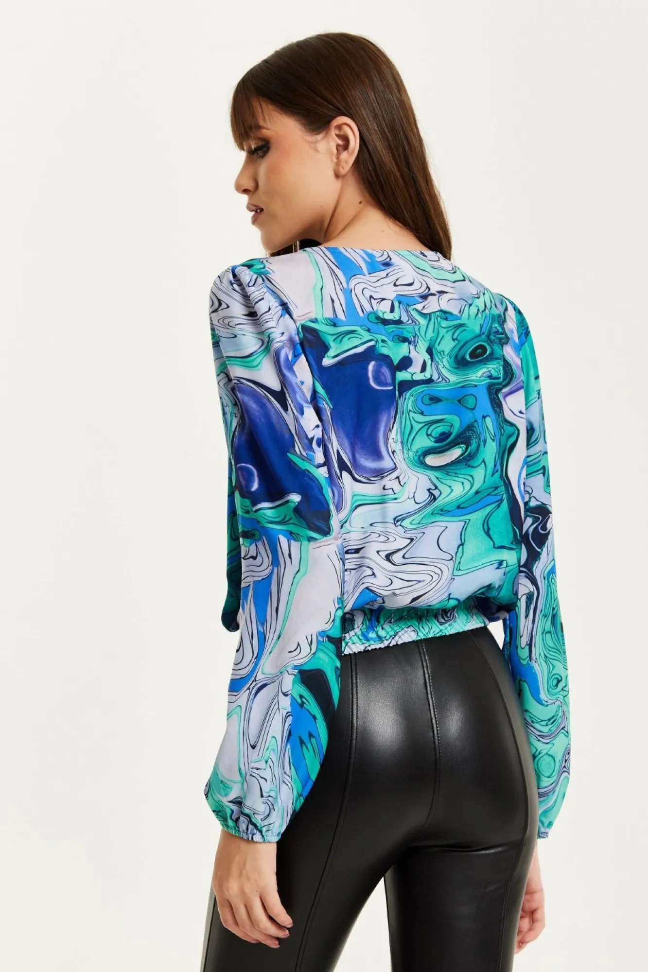 Blouses^Liquorish Turquoise Marble Print Wrap Top Blue