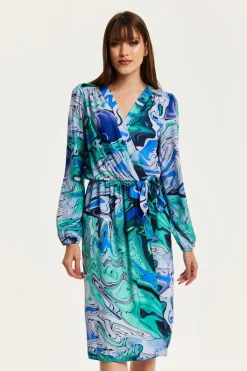 Midi Dresses^Liquorish Turquoise Marble Print Midi Wrap Dress Blue