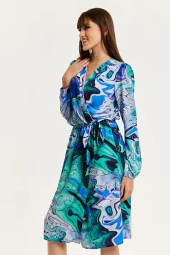 Midi Dresses^Liquorish Turquoise Marble Print Midi Wrap Dress Blue