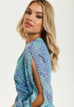 Mini Dresses^Liquorish V-Neck Leopard Print Knot Front Mini Dress Blue