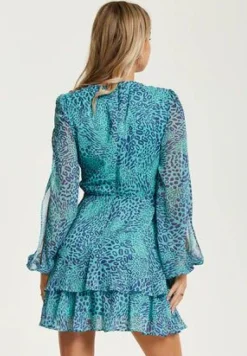 Mini Dresses^Liquorish V-Neck Leopard Print Knot Front Mini Dress Blue