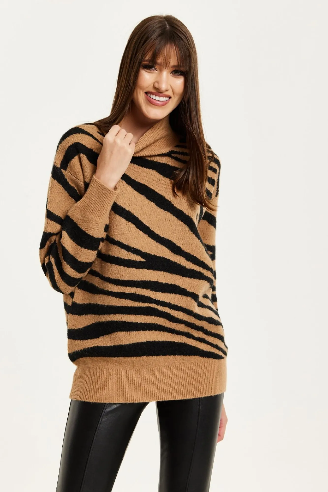 Jumpers^Liquorish Zebra Pattern High Neck Jumper In And Black Brown