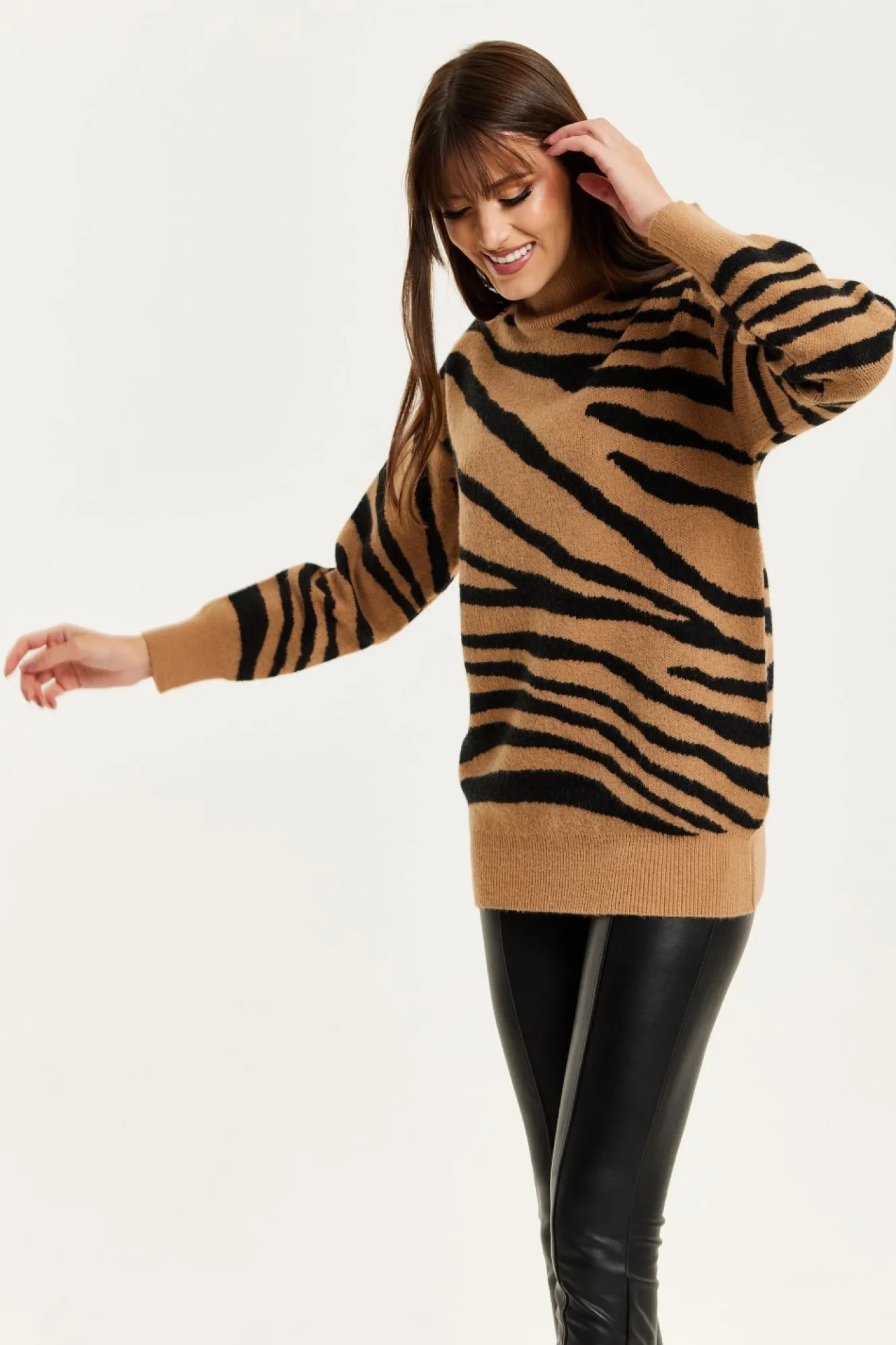 Jumpers^Liquorish Zebra Pattern High Neck Jumper In And Black Brown