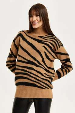 Jumpers^Liquorish Zebra Pattern High Neck Jumper In And Black Brown