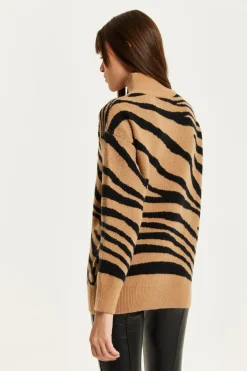 Jumpers^Liquorish Zebra Pattern High Neck Jumper In And Black Brown