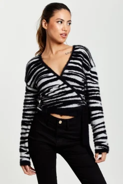 Cardigans^Liquorish Zebra Pattern Wrap Cardigan In Black And White Blackwhite