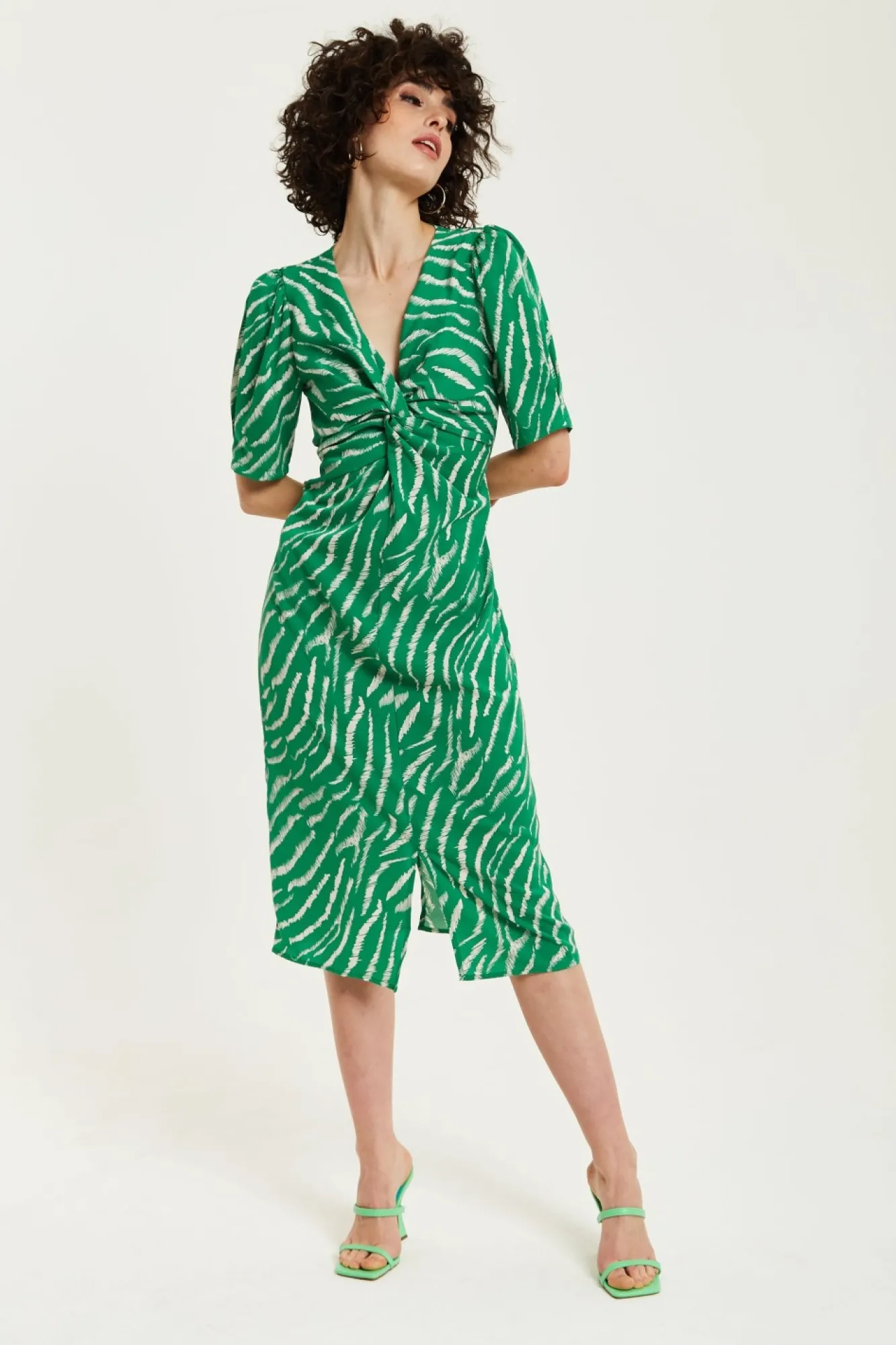Midi Dresses^Liquorish Zebra Print Knot Front Midi Dress Green