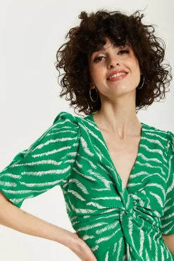 Midi Dresses^Liquorish Zebra Print Knot Front Midi Dress Green