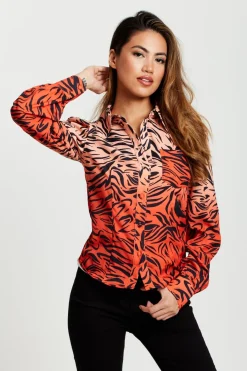 Blouses^Liquorish Zebra Print Shirt With Accentuated Collar Detail Orangenude