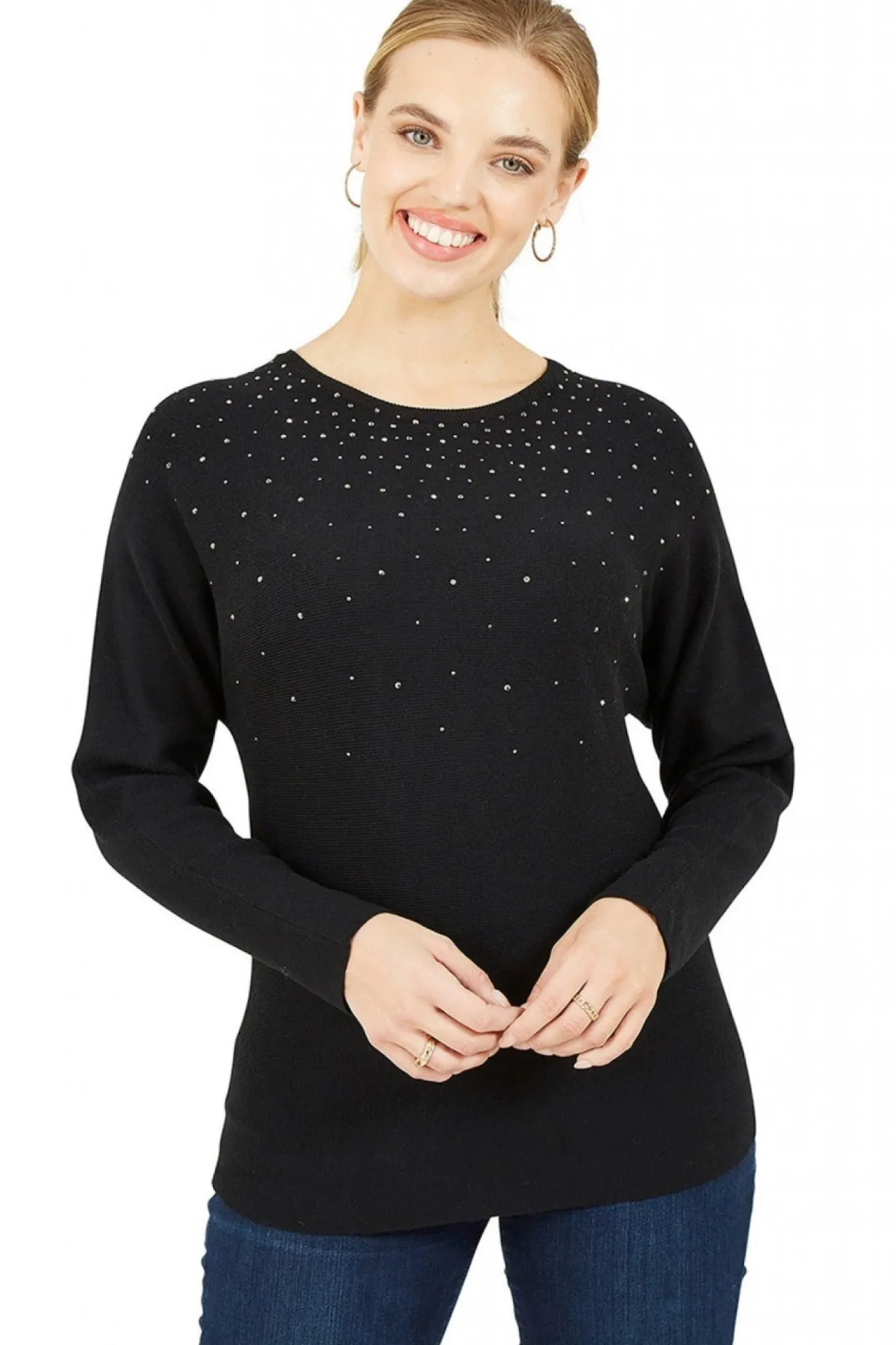 Jumpers^Mela London Batwing Jumper With Sparkly Neckline Black