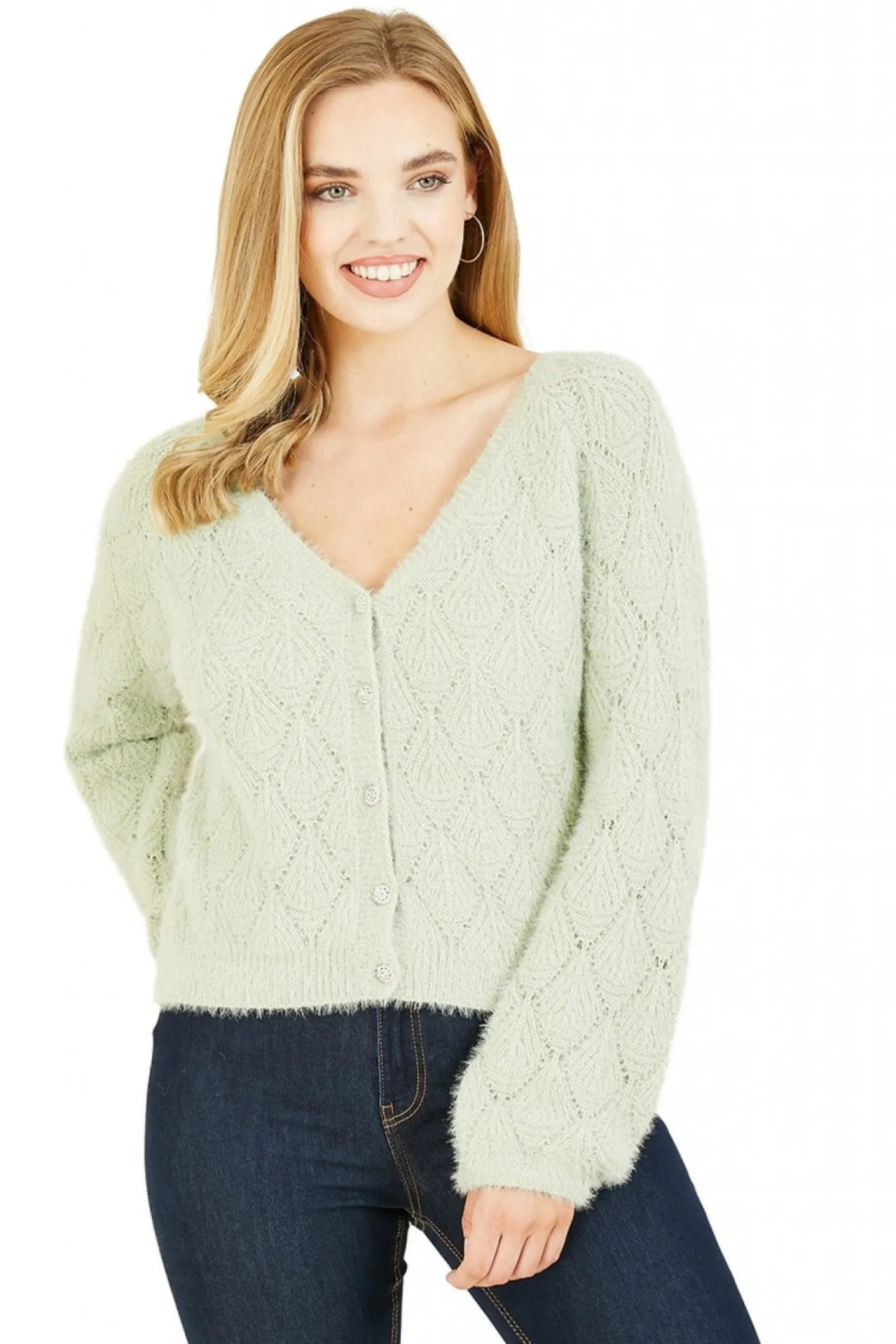 Cardigans^Mela London Diamond Stitch Knitted Cardigan Green