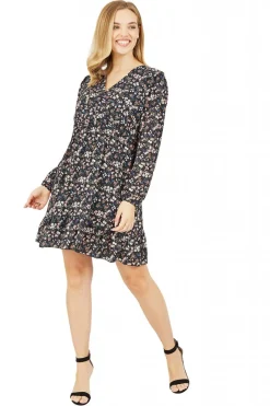 Mini Dresses^Mela London Ditsy Flower Print Wrap Layered Frill Dress Black
