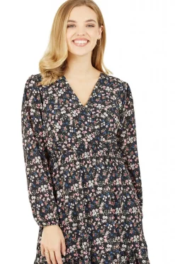 Mini Dresses^Mela London Ditsy Flower Print Wrap Layered Frill Dress Black