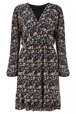 Mini Dresses^Mela London Ditsy Flower Print Wrap Layered Frill Dress Black