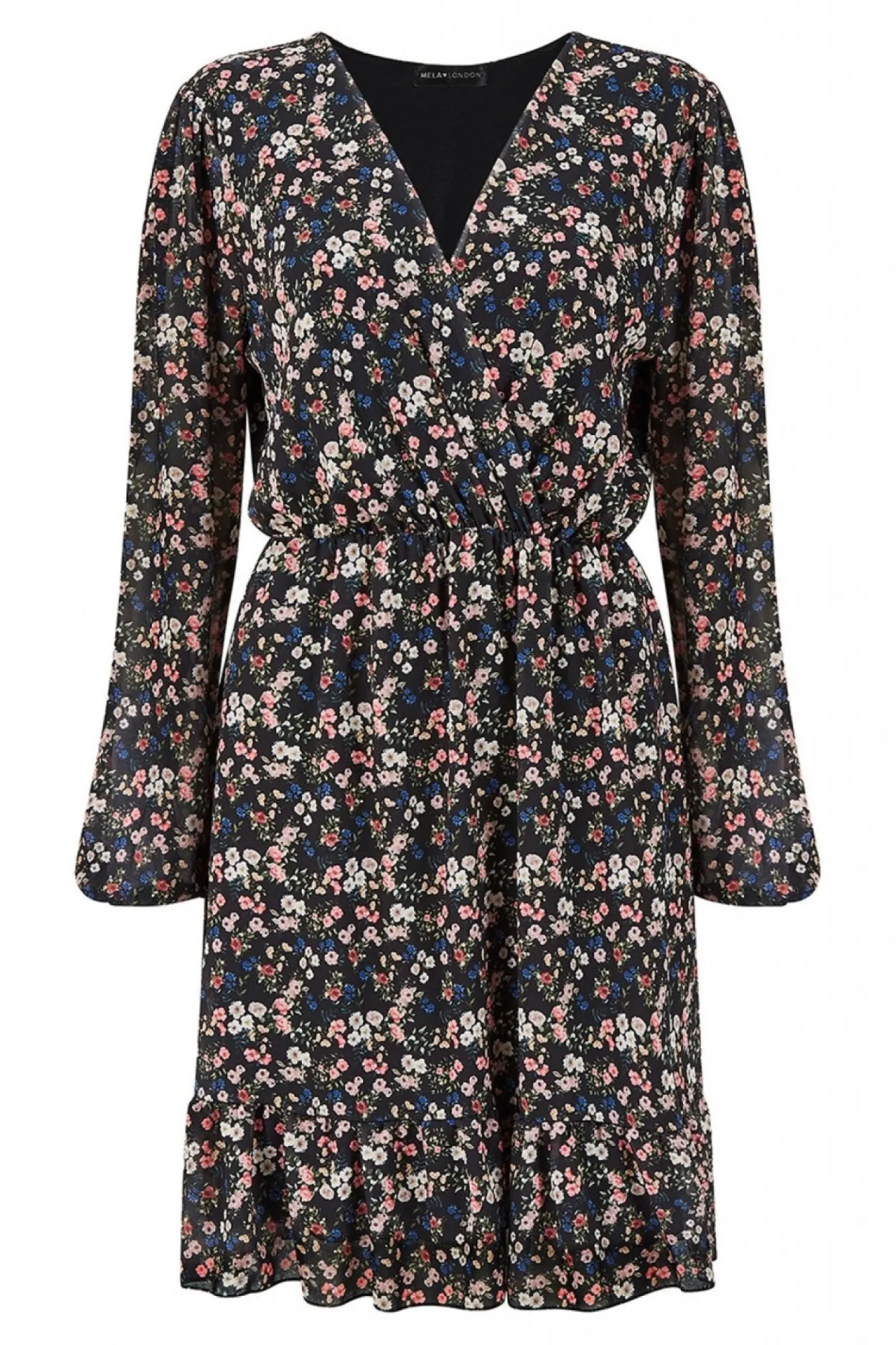Mini Dresses^Mela London Ditsy Flower Print Wrap Layered Frill Dress Black